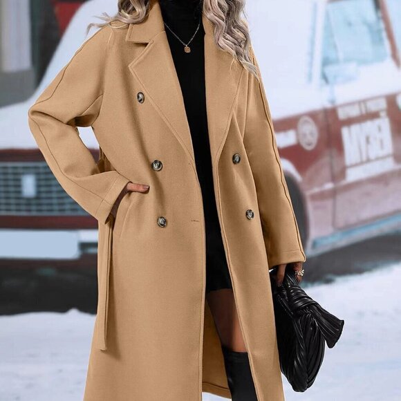 Casual Women's  Double Breasted Lapel Neck Belted jacket Overcoat Camel - Picture 4 of 5